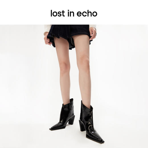 lost in echo设计师品牌尖头渐变高跟几何沿条阔筒短靴时尚百搭女 商品图4