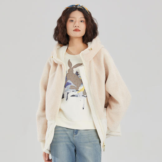 谜底连帽拼接羽绒女2023冬季新款时尚宽松毛毛鸭绒外套239MY7402 商品图0