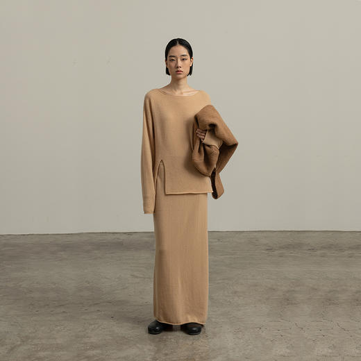 322工房经典再造纯喀什米尔羊毛针织一字领套头衫2023秋冬开叉毛衣B140 商品图1