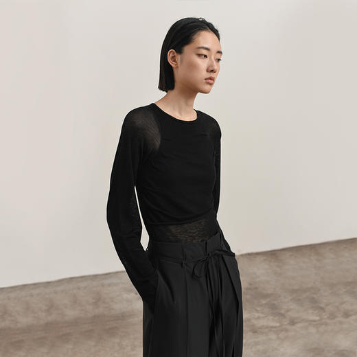 322工房质感气质毛衣单品2023秋冬丝光羊毛拼接式长袖套头衫B132 商品图0