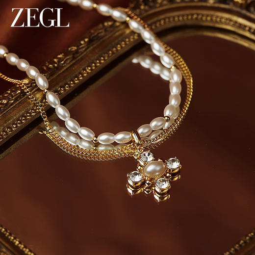 ZEGL设计师法式十字架系列叠戴人造小珍珠项链女款轻奢小众锁骨链 商品图1