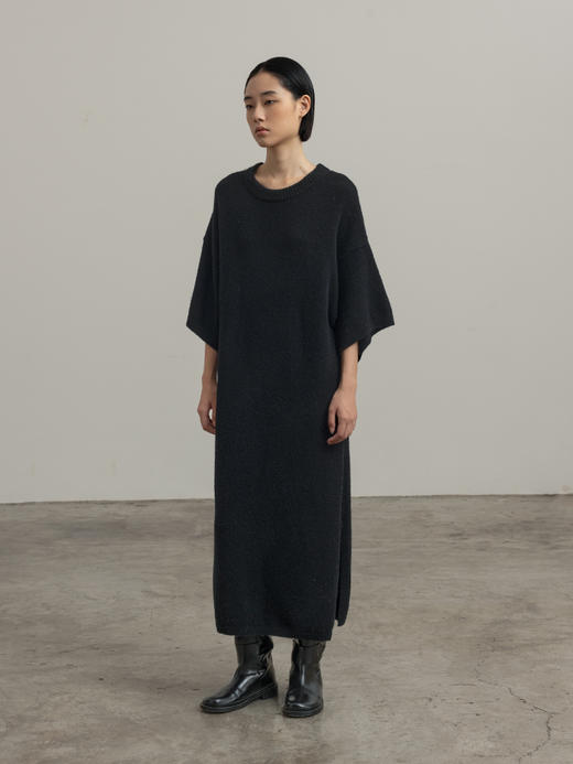 322工房新意短毛绒圈圈羊毛短袖针织连衣裙2023秋冬廓形长裙B139 商品图1