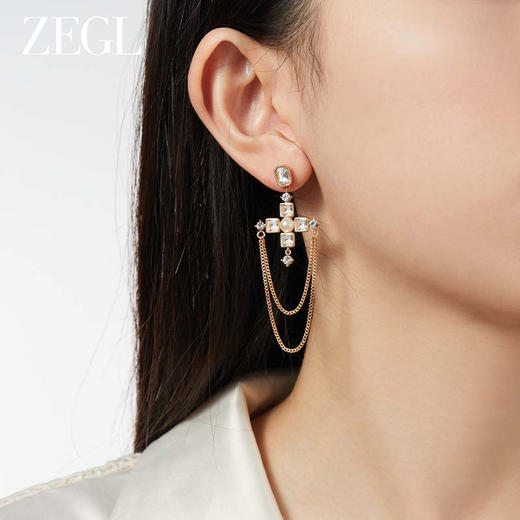 ZEGL设计师法式十字架系列流苏仿珍珠耳环女复古耳钉气质银针耳饰 商品图2