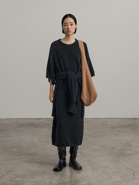 322工房新意短毛绒圈圈羊毛短袖针织连衣裙2023秋冬廓形长裙B139