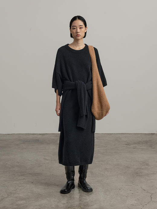 322工房新意短毛绒圈圈羊毛短袖针织连衣裙2023秋冬廓形长裙B139 商品图0