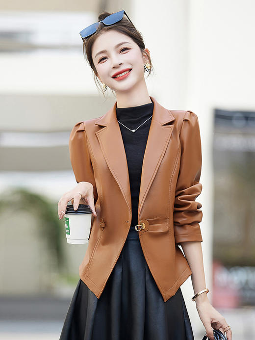 气质时尚休闲，修身显瘦简洁大方PU皮夹克外套HR-YJHE3331 商品图3