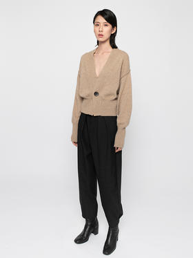 322工房针织开衫女宽松秋黑色纯羊绒v领加厚毛衣气质简约外套上衣