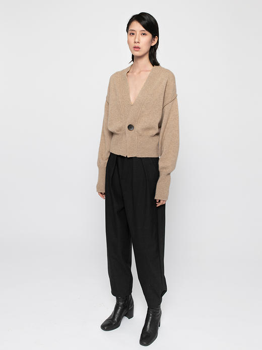 322工房针织开衫女宽松秋黑色纯羊绒v领加厚毛衣气质简约外套上衣 商品图0