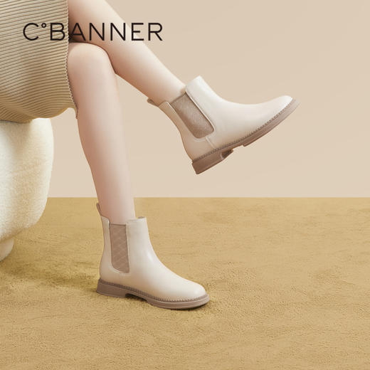 千百度真皮切尔西靴秋冬高级感小短靴女鞋烟筒靴粗跟A23565205 商品图2