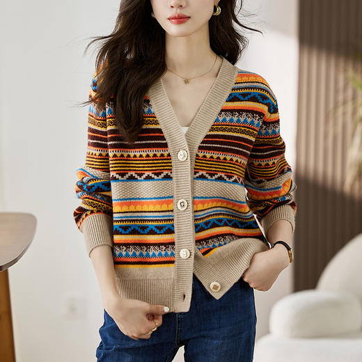 条纹V领针织开衫，春秋季新款时尚宽松百搭洋气外穿外搭上衣CC-108-92037 商品图3