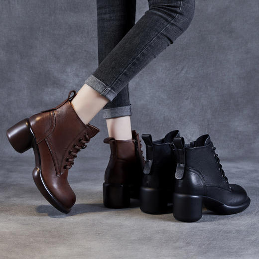 秋冬新款，女士高跟单靴复古粗跟短筒靴牛皮气质百搭妈妈鞋ZM233326 商品图1