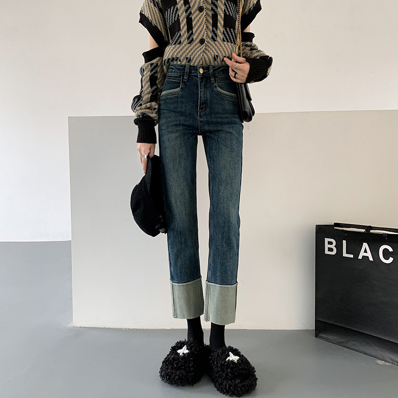 【GZ】无忧购韩版修身复古百搭翻边直筒九分烟管裤033#（截单后3-5天发货)