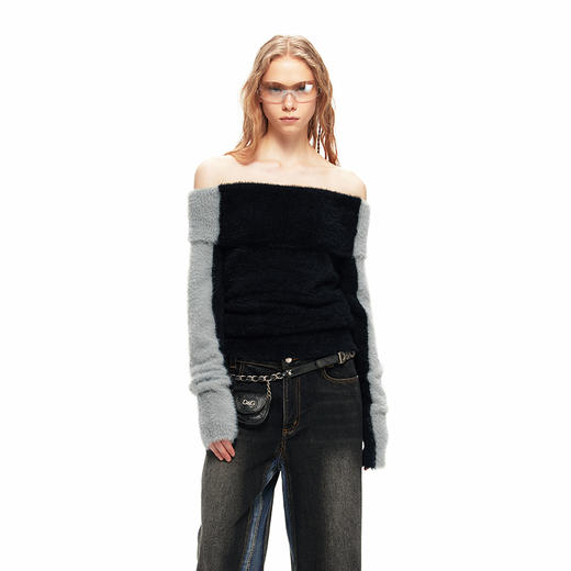 NUTH“盒子”｜仿貂毛露肩慵懒一字肩毛衣设计感上衣 商品图1