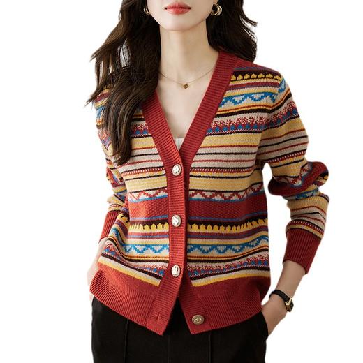 条纹V领针织开衫，春秋季新款时尚宽松百搭洋气外穿外搭上衣CC-108-92037 商品图4