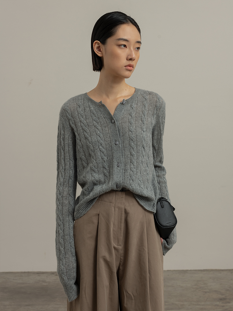 322工房经典再造纯山羊绒针织绞花开衫2023秋冬百搭纯色外套B154