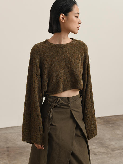 322工房新意短毛绒圈圈纱羊毛破洞截短套头衫2023秋冬针织衫B129 商品图2