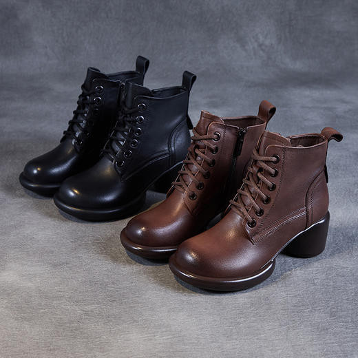 秋冬新款，女士高跟单靴复古粗跟短筒靴牛皮气质百搭妈妈鞋ZM233326 商品图3