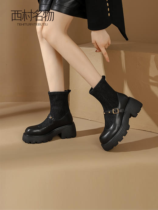 西村名物2023秋季新款英伦风厚底玛丽珍袜靴jk增高连袜靴T23DS44671 商品图2