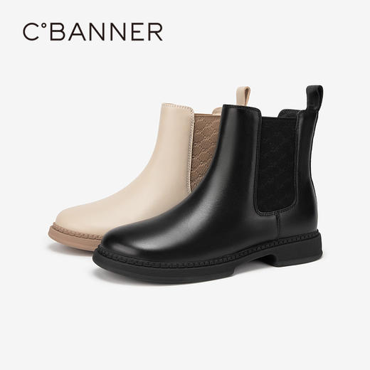 千百度真皮切尔西靴秋冬高级感小短靴女鞋烟筒靴粗跟A23565205 商品图4