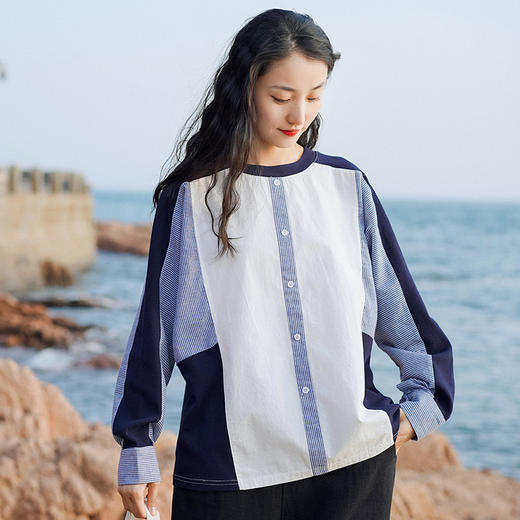 【复古清新】ins拼接衬衫  圆领宽松衬衫  满满的复古韵味 休闲百搭 商品图2