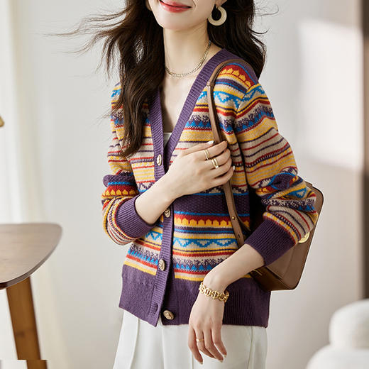 条纹V领针织开衫，春秋季新款时尚宽松百搭洋气外穿外搭上衣CC-108-92037 商品图0