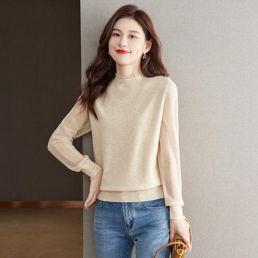 半高领蕾丝针织衫女秋季2023新款长袖内搭薄款毛衣上衣打底衫CC-MY8996 商品图3