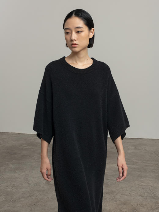 322工房新意短毛绒圈圈羊毛短袖针织连衣裙2023秋冬廓形长裙B139 商品图2