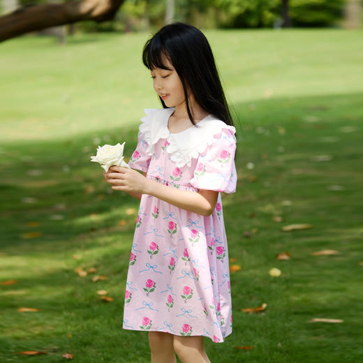 女童连衣裙纯棉夏新款泡泡袖甜美碎花收腰A字裙子安奈儿童装EG323177 商品图4