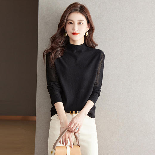 半高领蕾丝针织衫女秋季2023新款长袖内搭薄款毛衣上衣打底衫CC-MY8996 商品图2