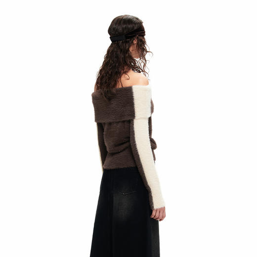 NUTH“盒子”｜撞色仿貂毛露肩拼色慵懒一字肩毛衣女上衣美拉德 商品图1