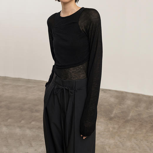 322工房质感气质毛衣单品2023秋冬丝光羊毛拼接式长袖套头衫B132 商品图2