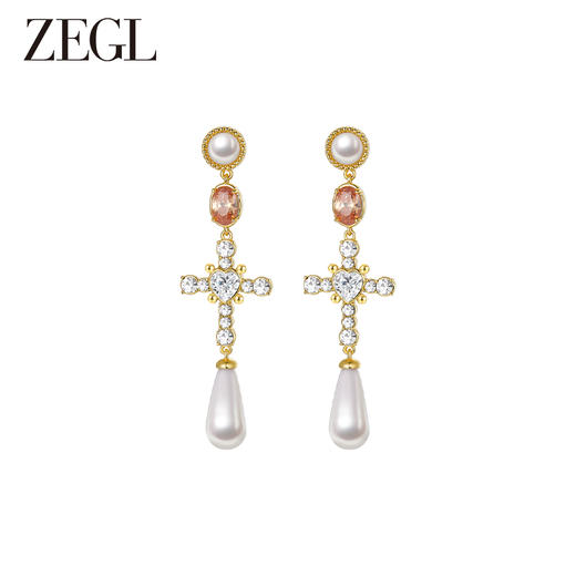 ZEGL设计师法式十字架系列流苏人造珍珠耳环女高级感耳钉银针耳饰 商品图0