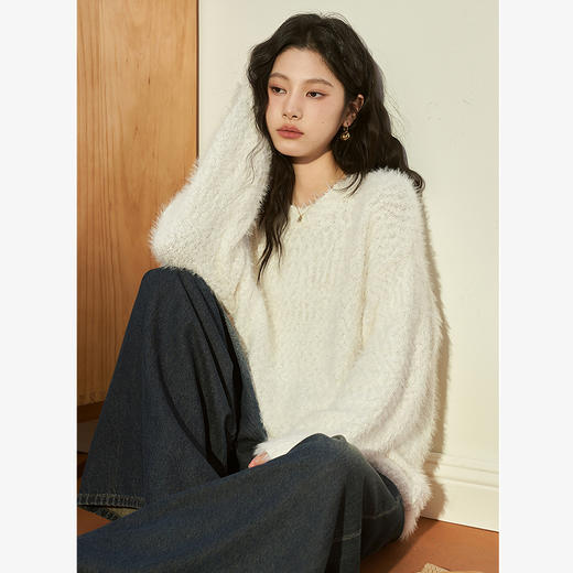 流苏宽松圆领毛衣新款设计感套头慵懒风针织衫毛衣女V2238769 商品图1