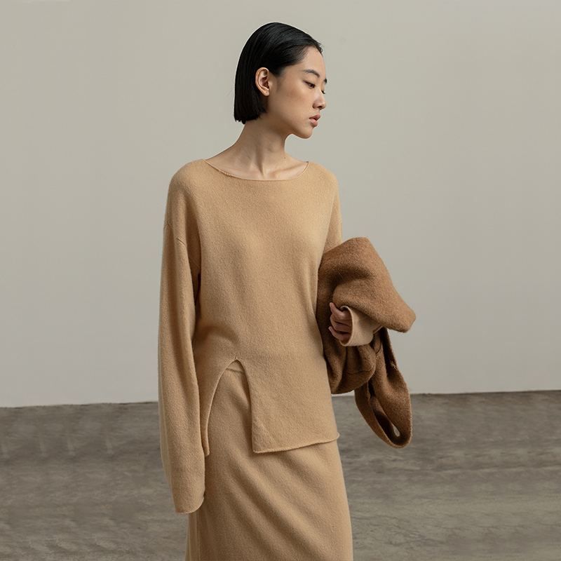 322工房经典再造纯喀什米尔羊毛针织一字领套头衫2023秋冬开叉毛衣B140