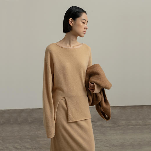 322工房经典再造纯喀什米尔羊毛针织一字领套头衫2023秋冬开叉毛衣B140 商品图0