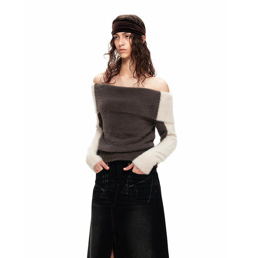 NUTH“盒子”｜撞色仿貂毛露肩拼色慵懒一字肩毛衣女上衣美拉德 商品图3