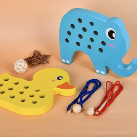 （15号16：00开抢）【2岁+】儿童大象+鸭子穿绳锻炼手眼协调能力精细动作木制玩具