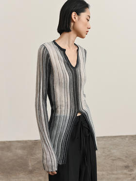 322工房超幼马海毛竖条纹针织套头衫2023秋冬款v领长袖针织衫B121