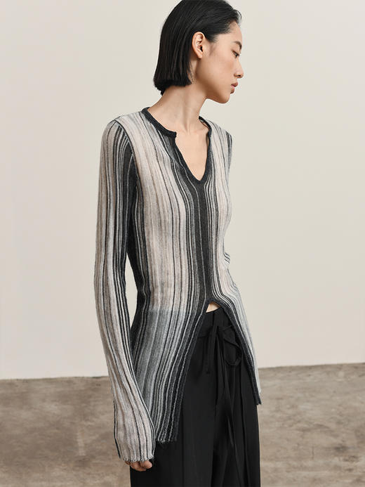 322工房超幼马海毛竖条纹针织套头衫2023秋冬款v领长袖针织衫B121 商品图0