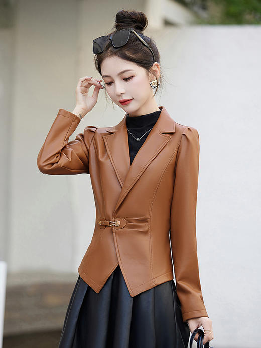 气质时尚休闲，修身显瘦简洁大方PU皮夹克外套HR-YJHE3331 商品图2