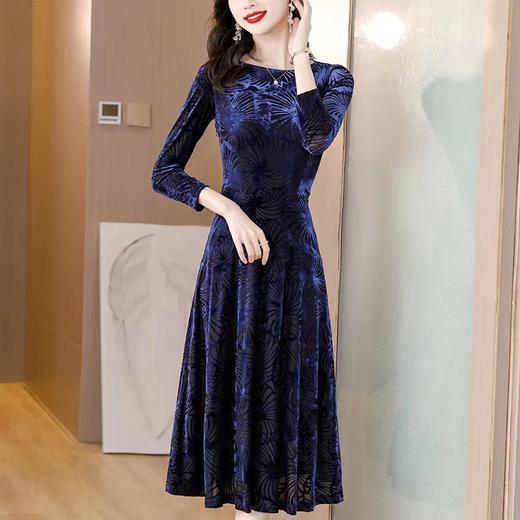 DD-蓝色丝绒连衣裙女2023秋季新款时尚洋气圆领拼接修身显瘦中长裙潮 商品图2