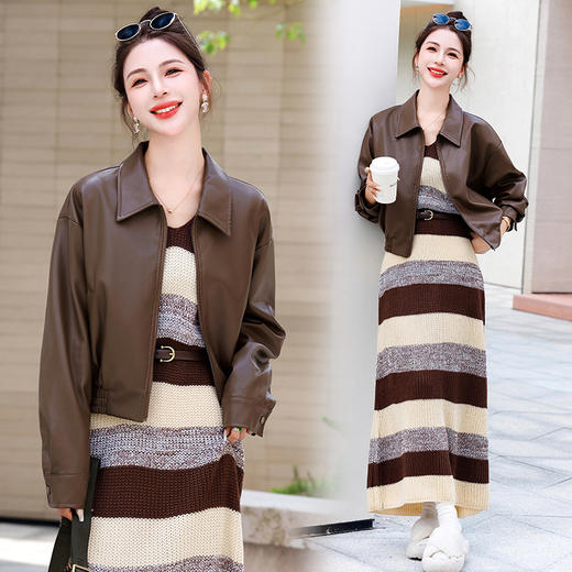 时尚百搭，新款秋装机车皮甲针织长裙套装HR-YJLY8035 商品图3
