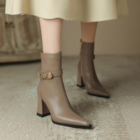 法式优雅高跟短靴，皮带扣尖头侧拉链粗跟时装靴DB-M5665