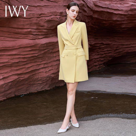 IWY/洋气黄色连衣裙女高级设计感西装修身显瘦气质主持人上镜职业装olQ13314 商品图2