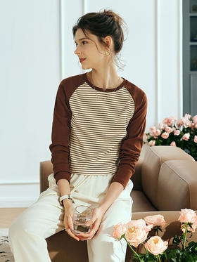 欧芮儿法式撞色条纹长袖T恤女秋2023新款复古设计感小众拼接上衣