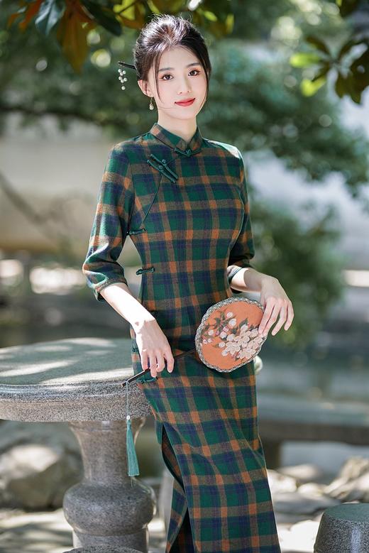 新款民国风，格子旗袍七分袖文艺气质修身优雅连衣裙GSJ-3394 商品图2