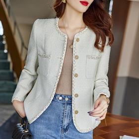 娜璐多 圆领粗花呢外套女2023年秋季新款小香风简约甜美休闲百搭温柔上衣