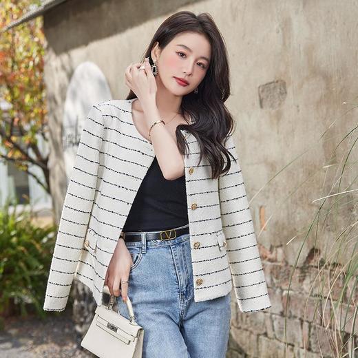 娜璐多 小香风毛呢外套女2023年春秋新款气质名媛风法式小个子条纹外套女 商品图0