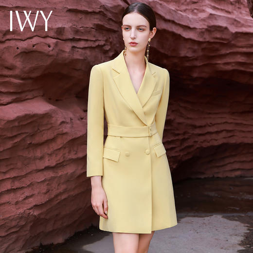 IWY/洋气黄色连衣裙女高级设计感西装修身显瘦气质主持人上镜职业装olQ13314 商品图4