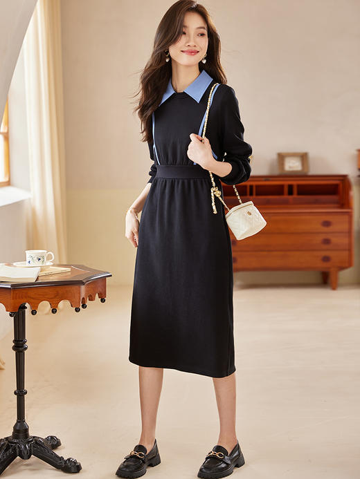 熙世界假两件长袖连衣裙女2025秋新款显瘦撞色衬衫领卫衣裙高级感 商品图3